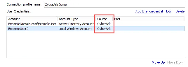 Connection view with CyberArk credentials