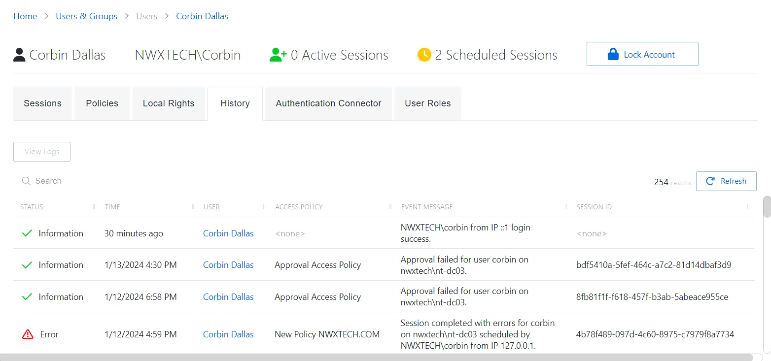History Tab for Application User