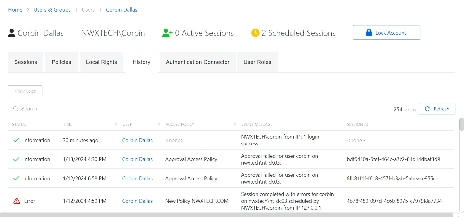History Tab for Application User