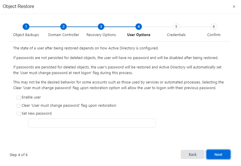 Object Restore wizard - User Options page