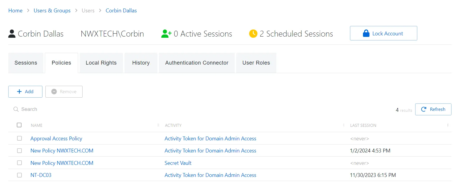 Policies Tab for Application Users