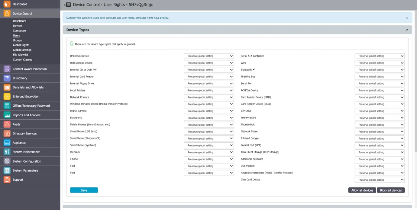  Allows Administrator to specify what Device Types and also what Speciﬁc Devices can be accessible