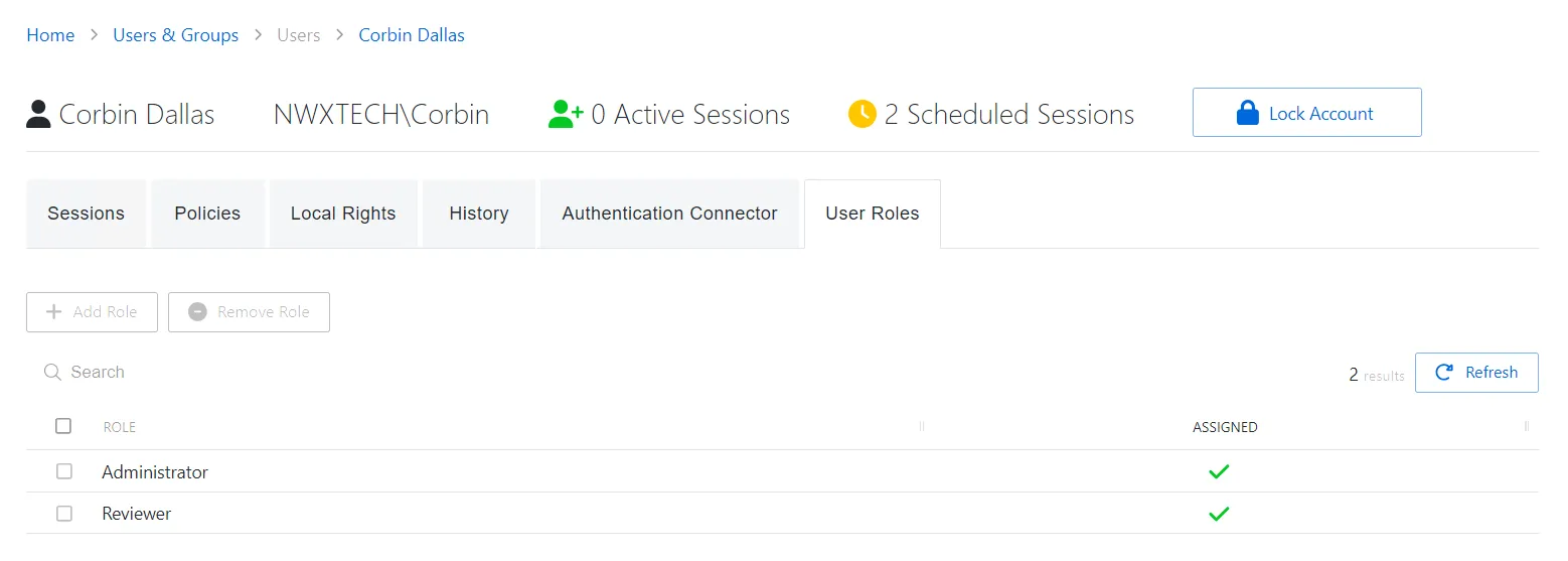 User Roles Tab for Application User