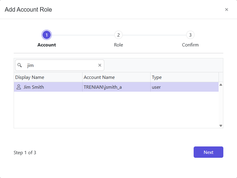 Add Account Role wizard – Account page