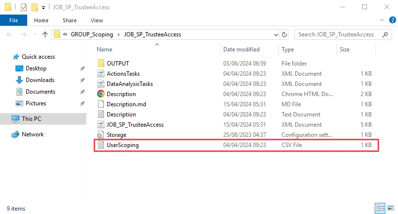 UserScoping.csv in the SP_TrusteeAccess Job folder in File Explorer