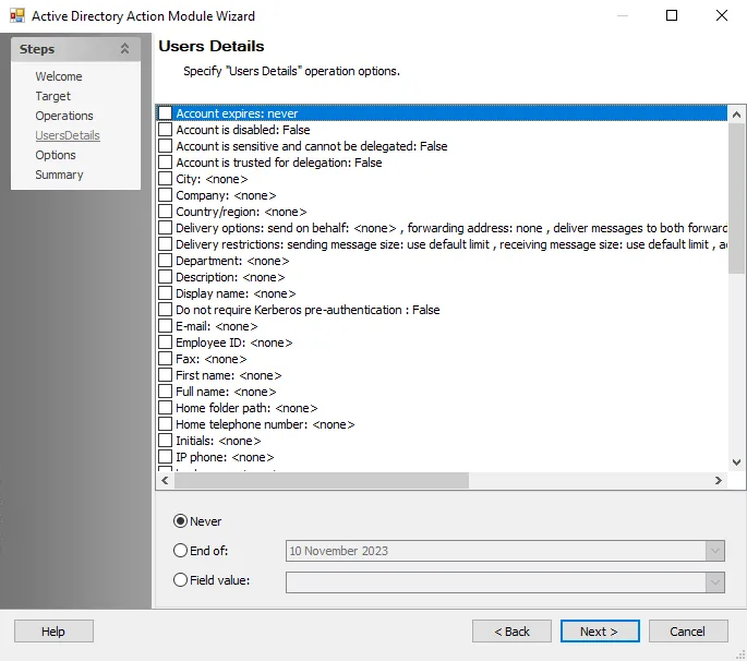 Active Directory Action Module Wizard Users Details page