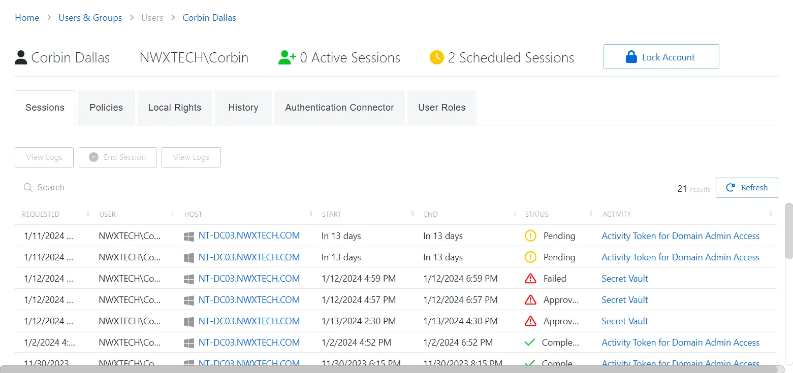 Sessions Tab for Application Users