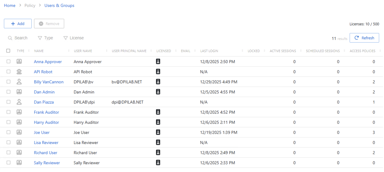 Users and Groups Page