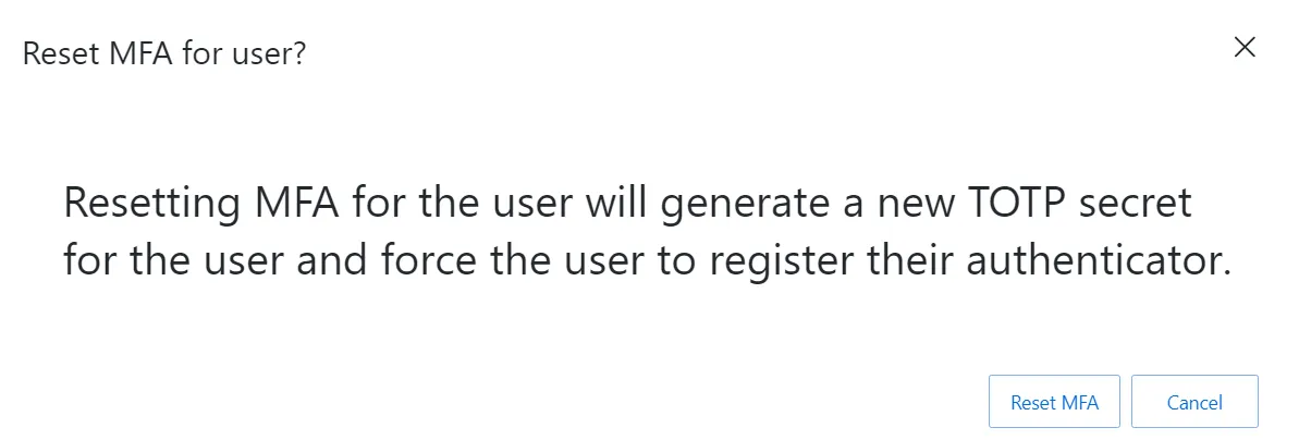 Reset MFA for Account Confermation Window
