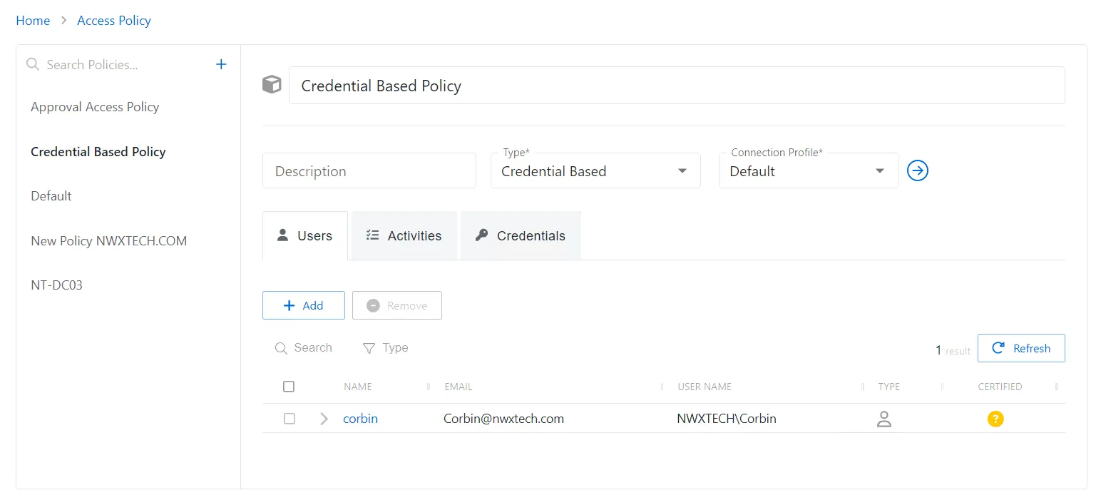 Credential based policy users tab