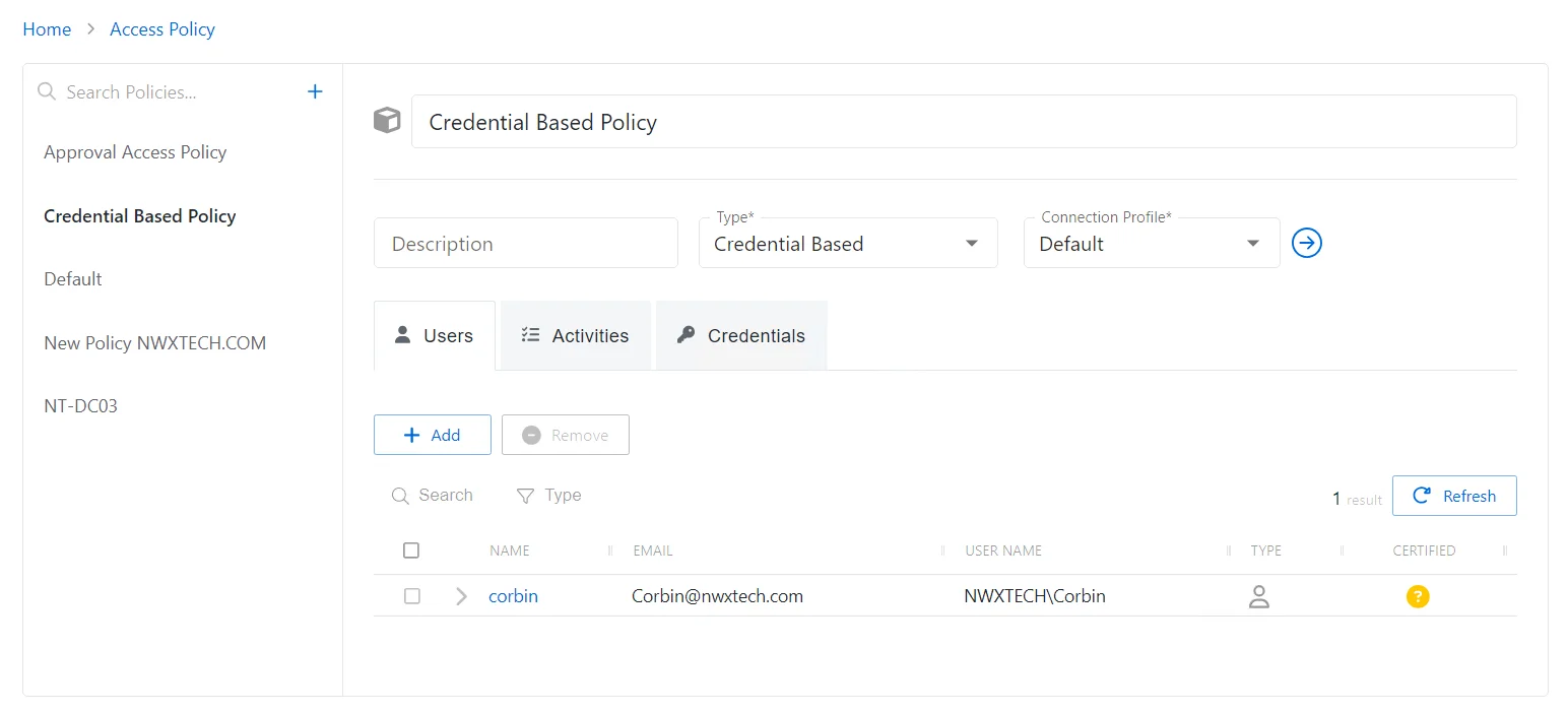 Credential based policy users tab