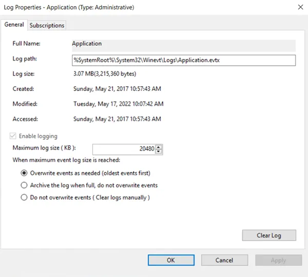 Log Properties Window