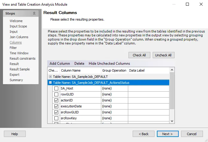 Result Columns wizard page