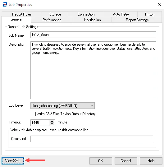 View XML button on Job Properties window