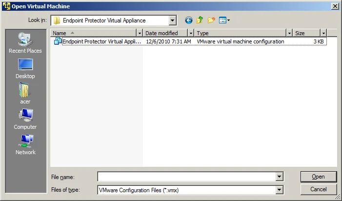 Selecting the VMX ﬁle from the location where it was extracted