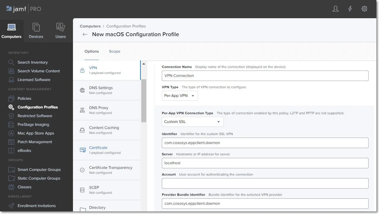 First section to configuring VPN settings