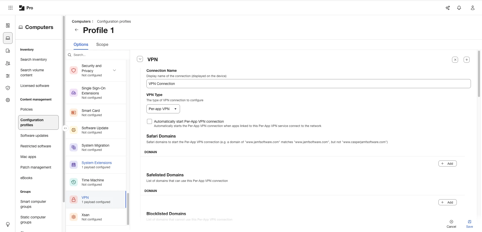 First section to configuring VPN settings