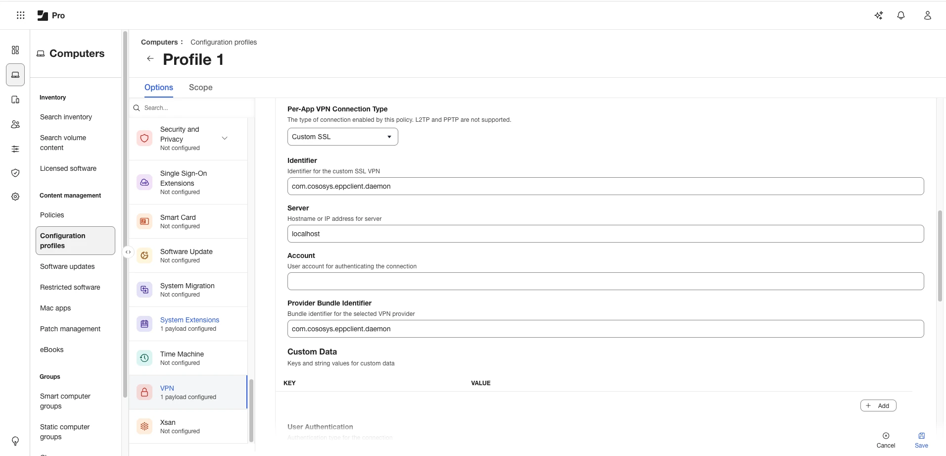 Second section to configuring VPN settings