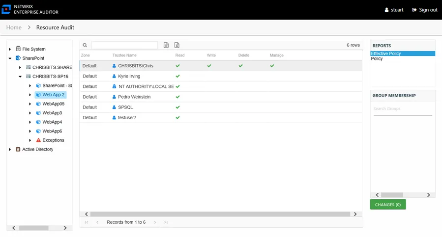 Effective Policy report at the web application and web application URL levels