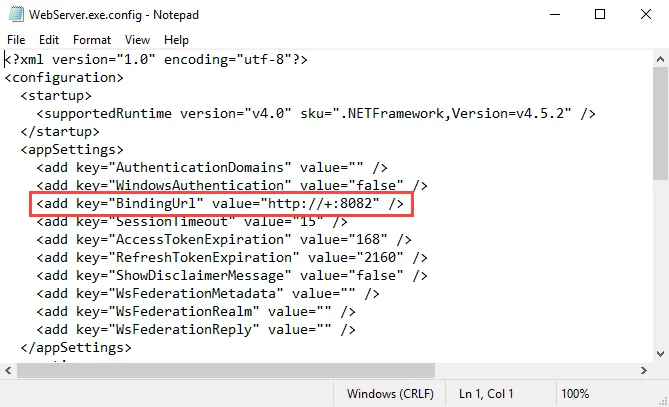 WebServer.exe.config file in Notepad