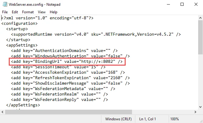 WebServer.exe.config file in Notepad