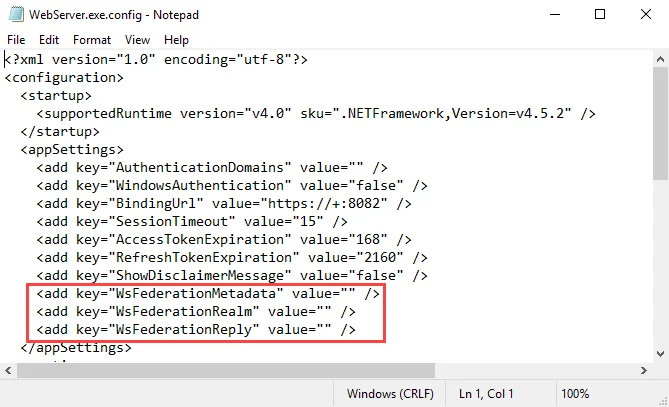 WebServer.exe.config file in Notepad