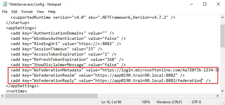 Parameters in the web server config file