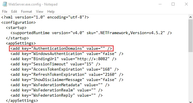 WebServer.exe.config file in Notepad