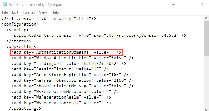 WebServer.exe.config file in Notepad