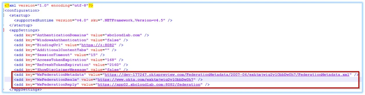Okta application values in WebServer.exe.config file