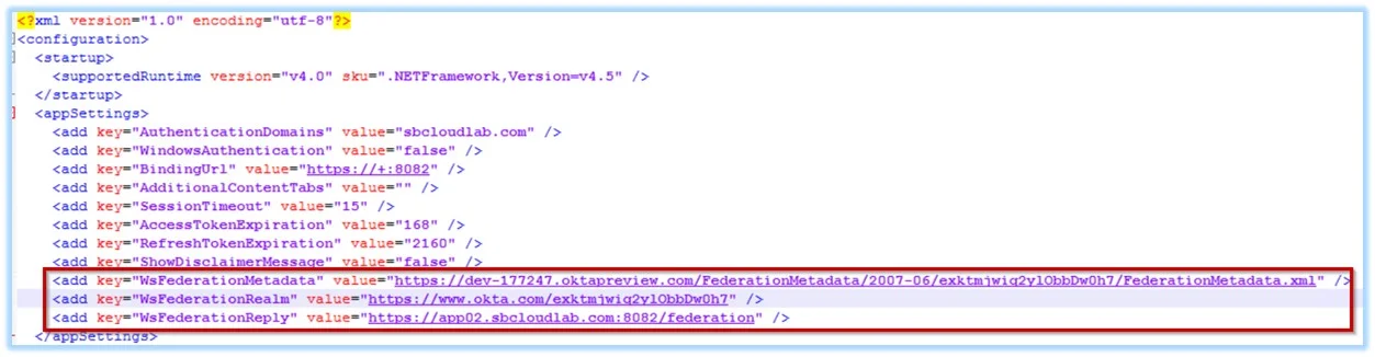 Okta application values in WebServer.exe.config file