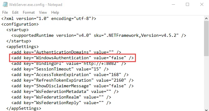 WebServer.exe.config file in Notepad