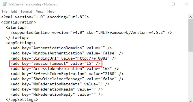 WebServer.exe.config file in Notepad