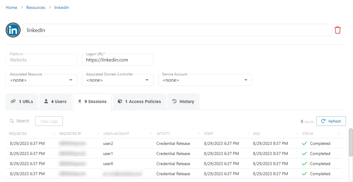 Sessions Tab for Website Resource