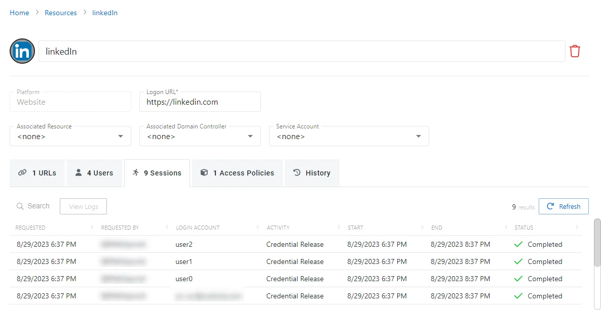 Sessions Tab for Website Resource