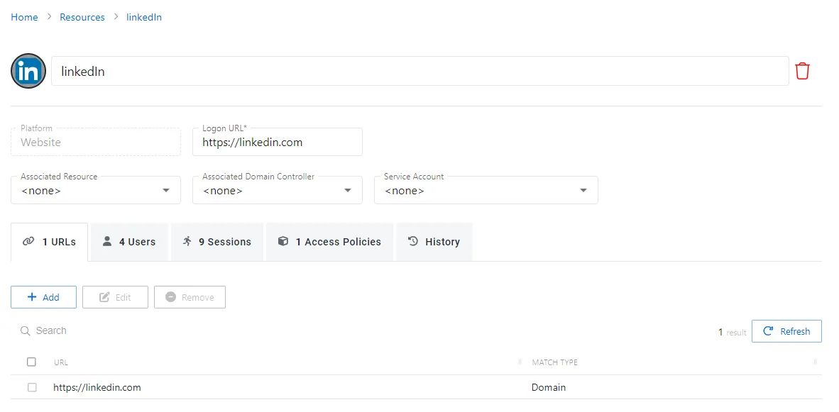 URLs tab for Website Resource