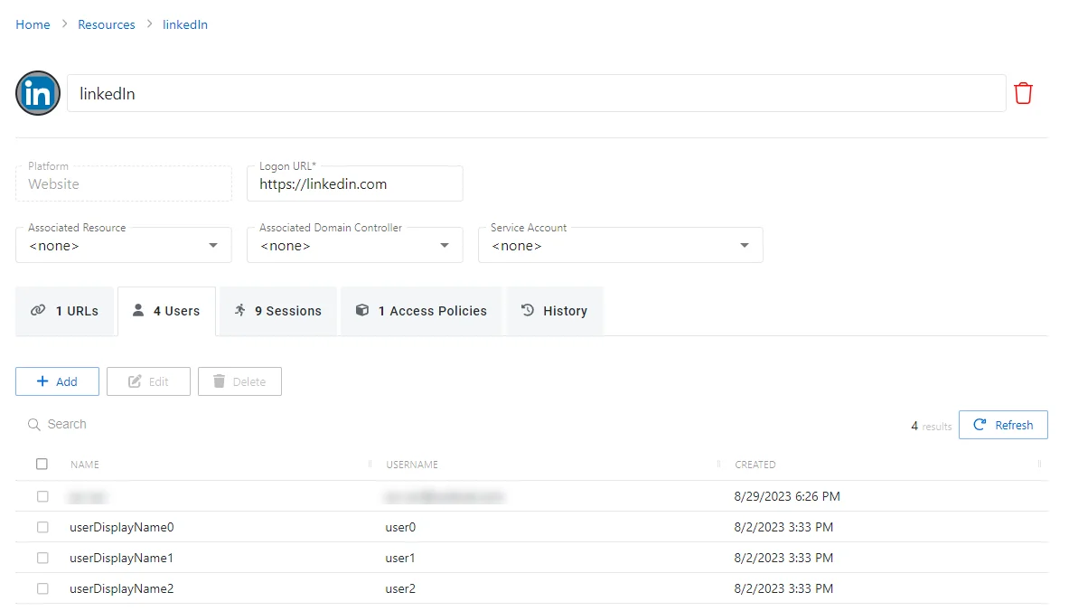 Users Tab for Website Resource