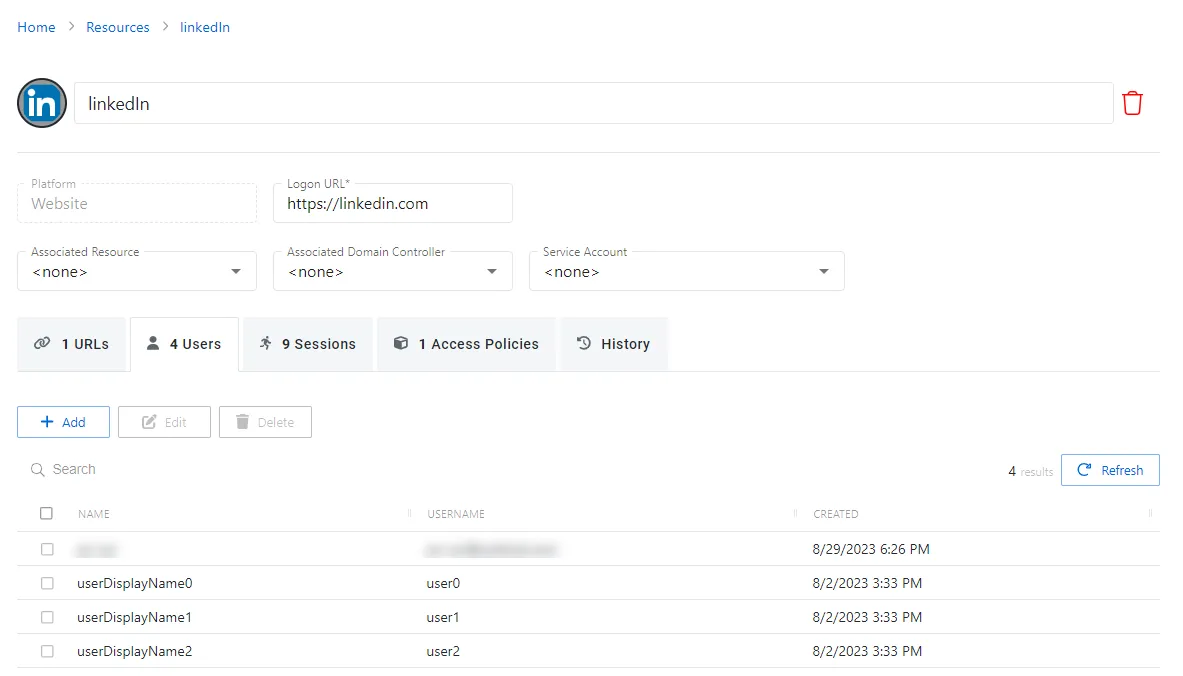 Users Tab for Website Resource
