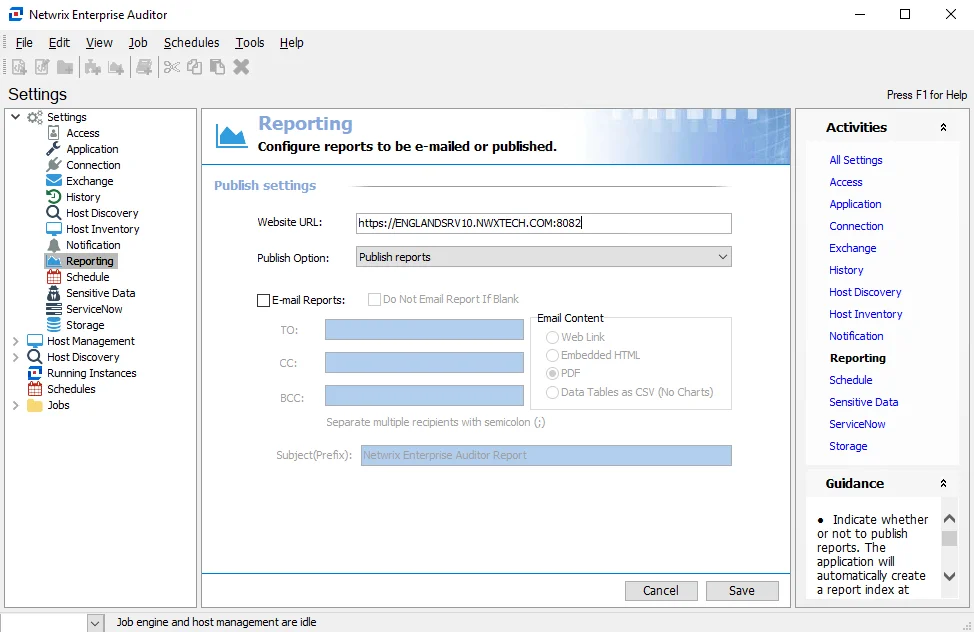 Access Governance Reporting Settings page