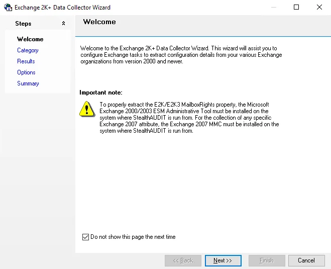 Exchange 2K+ Data Collector Wizard Welcome page