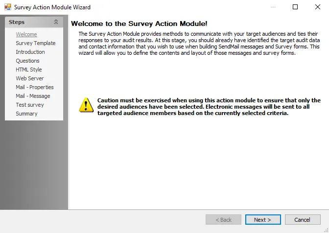Survey Action Module Wizard Welcome page