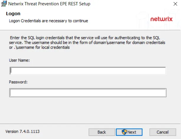 Netwrix Threat Prevention EPE Rest Setup wizard - Logon page
