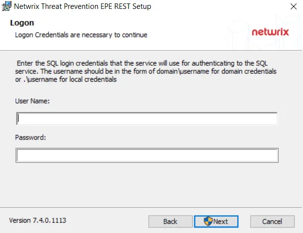 Netwrix Threat Prevention EPE Rest Setup wizard - Logon page