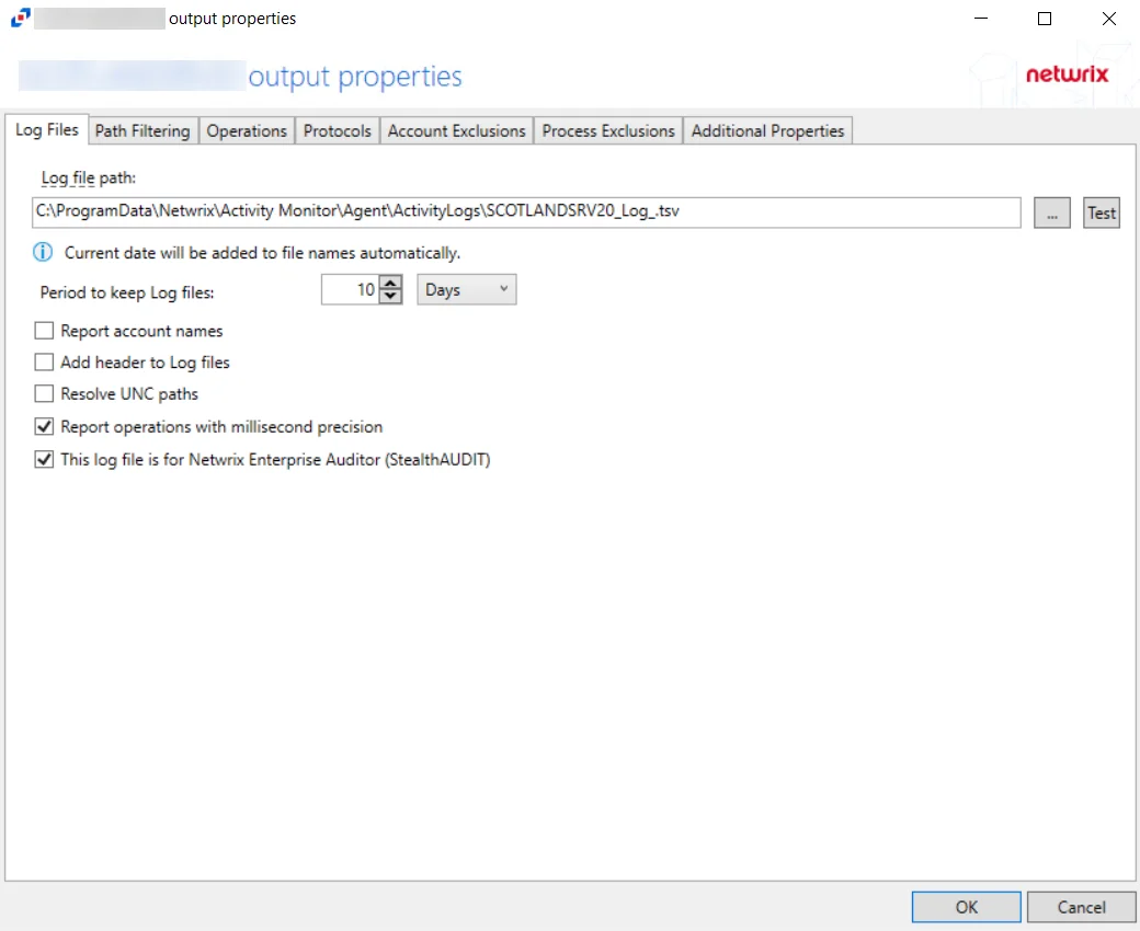 Log File Tab - Windows File servers and NAS devices hosts