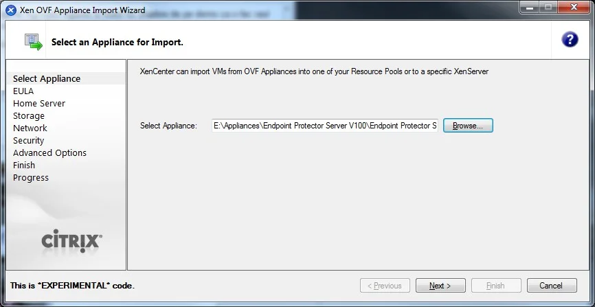 Selecting the OVF ﬁle for import