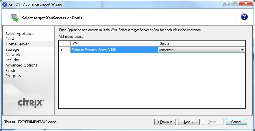 Select the target for the Virtual Appliance.